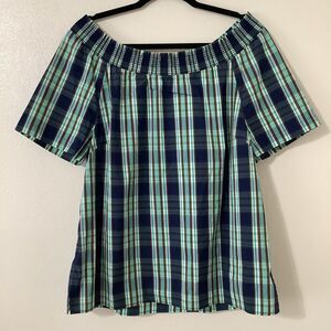 Talbots Blue Green Plaid Country Preppy Lightweight Casual Fall Autumn Blouse L